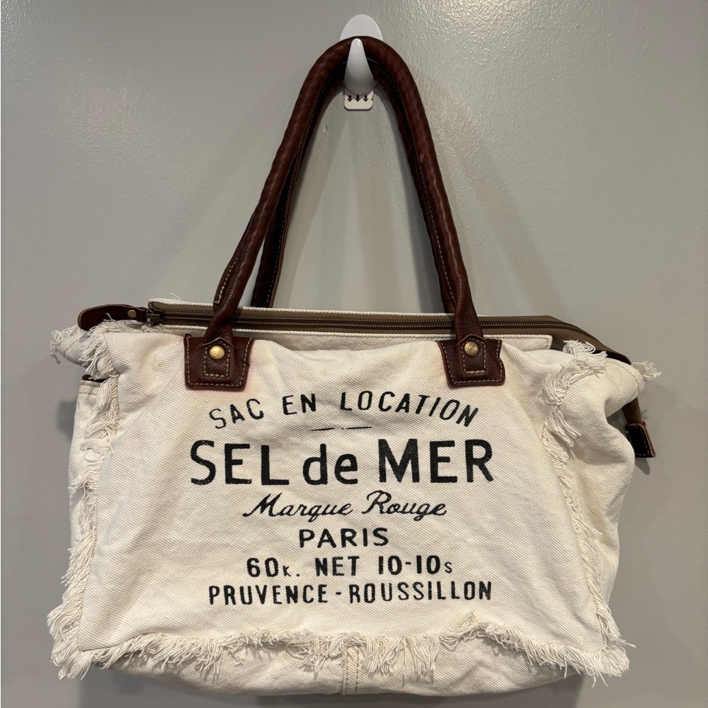 Ryba Bag Canvas “ Sel de Mer” Cream and Brown Leather Tote Bag